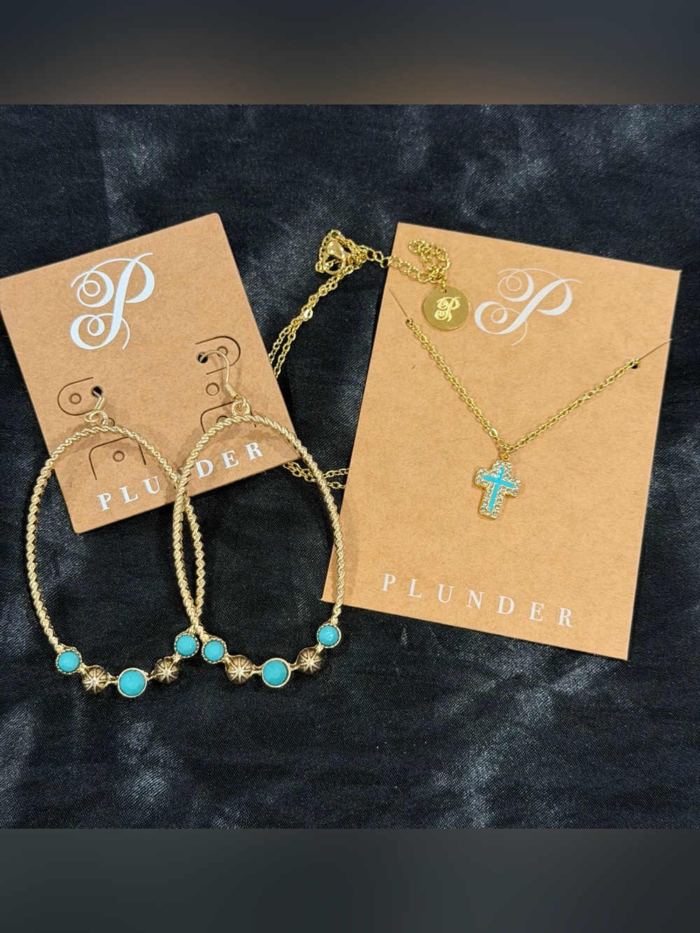 Plunder Gold-Tone Turquoise Cross Necklace and Hoop Earrings